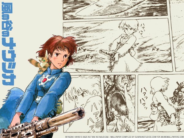Anime picture 1024x768 with kaze no tani no nausicaa studio ghibli nausicaa teto animal on shoulder animal gun