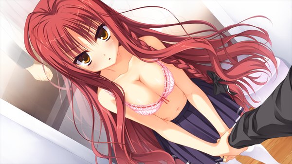 Anime picture 1280x720 with dracu-riot! yuzusoft yarai miu long hair blush breasts light erotic wide image brown eyes game cg red hair braid (braids) girl skirt navel miniskirt