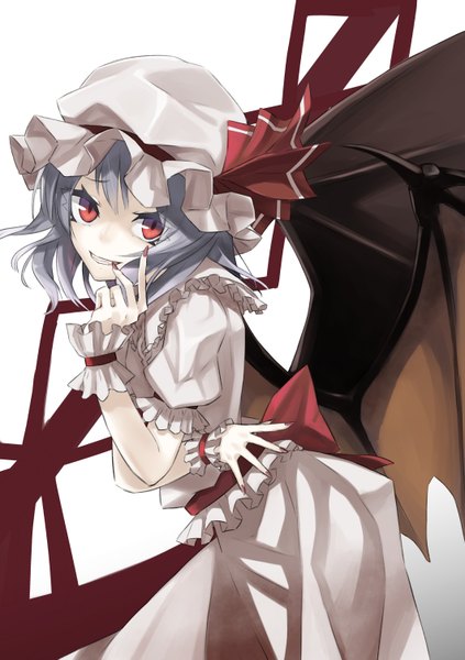 Anime picture 1062x1505 with touhou remilia scarlet na lo g single long hair tall image looking at viewer fringe open mouth simple background smile red eyes white background nail polish fingernails grey hair short sleeves leaning leaning forward puffy sleeves