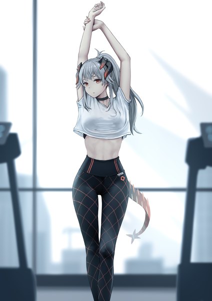 Anime picture 2894x4093 with arknights saria (arknights) dylannn single long hair tall image looking at viewer fringe highres breasts standing brown eyes payot ponytail indoors tail parted lips head tilt horn (horns) grey hair