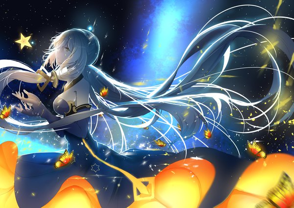 Anime picture 3507x2480 with vocaloid xingchen re:rin single highres bare shoulders yellow eyes looking away absurdres silver hair very long hair profile floating hair space tress ribbon girl dress gloves hair ornament ribbon (ribbons)