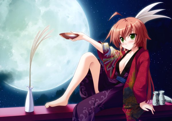 Anime picture 5163x3637 with ouka sengoku! oda nobunaga (ouka sengoku) toma (asagayatei) long hair blush highres light erotic sitting green eyes absurdres ahoge red hair japanese clothes barefoot night legs tsukimi girl plant (plants) kimono