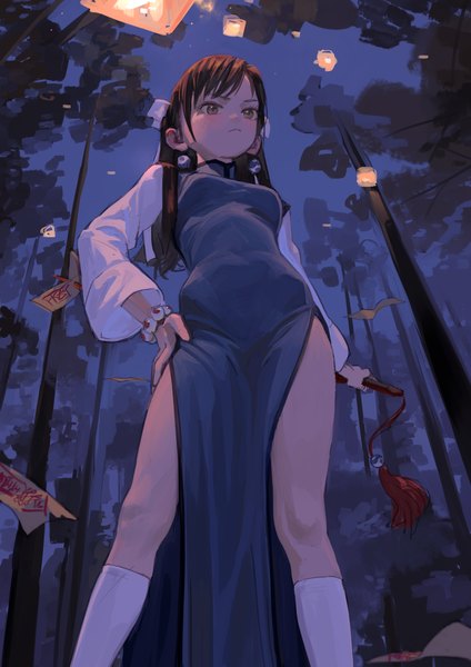 Anime picture 1000x1414 with original eyeball bracelet girl (fkey) fkey single long hair tall image blush fringe light erotic black hair standing holding brown eyes signed looking away sky outdoors long sleeves traditional clothes from below