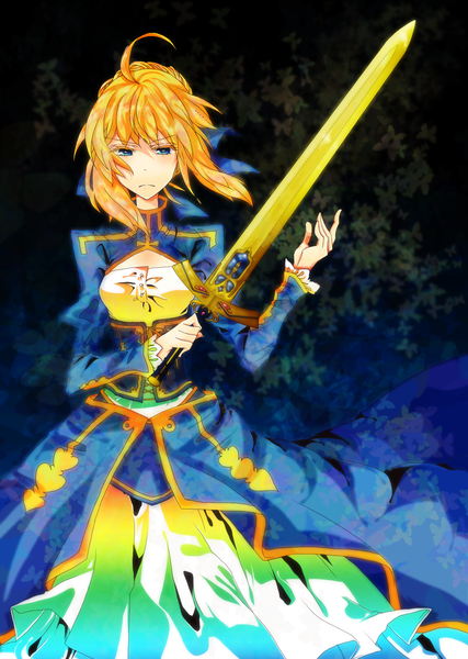 Anime picture 1336x1879 with fate (series) fate/zero type-moon artoria pendragon (all) saber tagme (artist) single tall image fringe blue eyes blonde hair looking away serious girl dress ribbon (ribbons) weapon hair ribbon sword