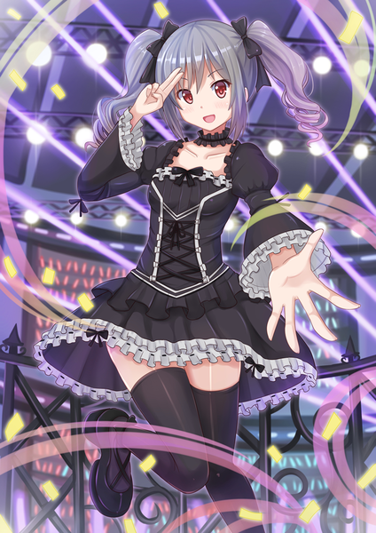 Anime picture 945x1337 with idolmaster idolmaster cinderella girls kanzaki ranko kazenokaze single long hair tall image looking at viewer blush open mouth red eyes twintails grey hair drill hair girl thighhighs dress bow black thighhighs hair bow