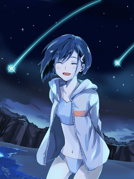 Anime picture 800x1067 with darling in the franxx studio trigger ichigo (darling in the franxx) leafcat single tall image blush fringe short hair breasts open mouth smile signed blue hair cloud (clouds) outdoors eyes closed night open jacket night sky