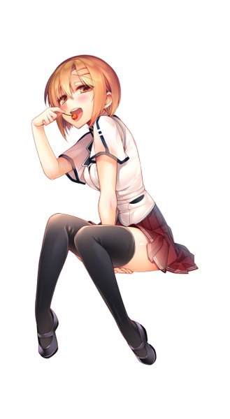 Anime picture 694x1265 with original giuniu single tall image blush short hair open mouth simple background brown hair white background brown eyes zettai ryouiki girl thighhighs skirt uniform black thighhighs school uniform food berry (berries)