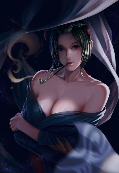 Anime picture 690x1000 with gintama sunrise (studio) tsukuyo (gintama) ousang single tall image short hair breasts light erotic large breasts purple eyes bare shoulders cleavage upper body off shoulder shiny skin scar smoke hands clasped dark hair