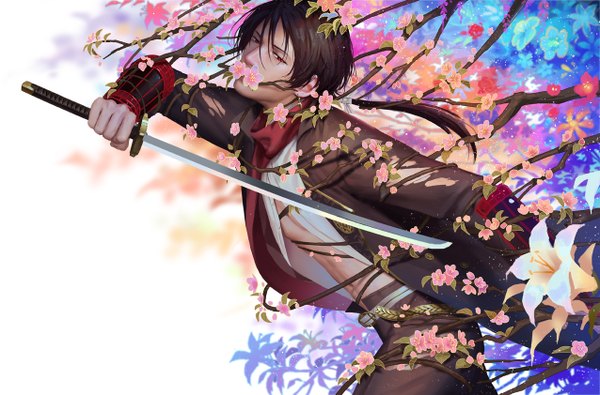 Anime picture 1276x842 with touken ranbu nitroplus kashuu kiyomitsu penguin frontier single long hair looking at viewer red eyes brown hair holding realistic open clothes cherry blossoms muscle fighting stance boy flower (flowers) weapon plant (plants) petals