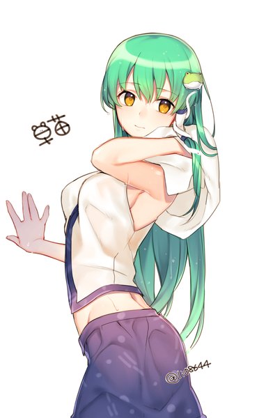 Anime picture 1024x1555 with touhou kochiya sanae lio (rumei2265874644) single long hair tall image fringe light erotic simple background white background signed yellow eyes looking away green hair wet clothes girl towel hair tubes