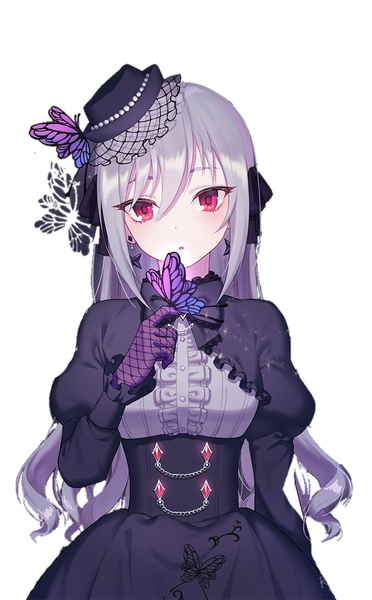 Anime picture 650x1048 with idolmaster idolmaster cinderella girls idolmaster cinderella girls starlight stage kanzaki ranko ryu nim single long hair tall image looking at viewer blush fringe open mouth hair between eyes red eyes signed silver hair upper body long sleeves head tilt :o