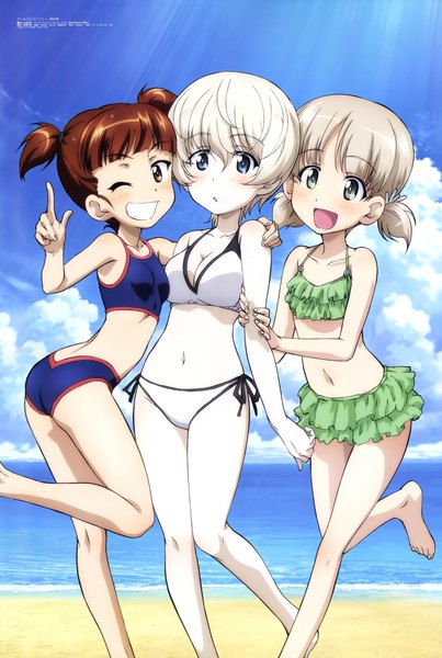 Anime picture 6067x9039 with girls und panzer megami magazine aki (girls und panzer) mikko (girls und panzer) youko (girls und panzer) abe munetaka tall image looking at viewer blush fringe highres short hair breasts open mouth blue eyes light erotic blonde hair smile hair between eyes brown hair
