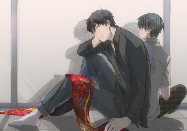 Anime picture 1240x874 with original hitaki azami blush short hair open mouth black hair sitting signed yellow eyes ahoge looking back barefoot from behind arm support multiple boys reflection open collar checkered floor back to back checkered