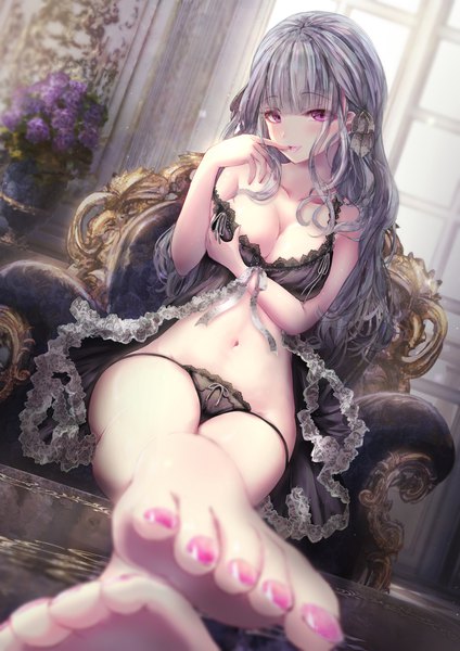 Anime picture 1331x1883 with original missle228 single long hair tall image looking at viewer blush fringe breasts open mouth light erotic large breasts sitting purple eyes indoors blunt bangs nail polish head tilt barefoot grey hair