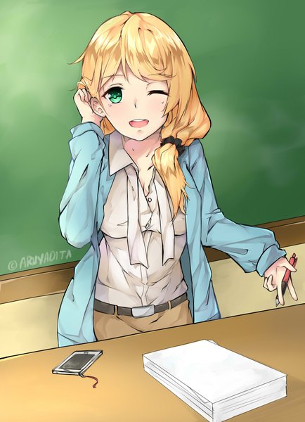 Anime picture 1559x2154 with new horizon ellen baker aruyadita single long hair tall image looking at viewer fringe breasts open mouth blonde hair smile holding green eyes signed white hair one eye closed adjusting hair low ponytail teacher