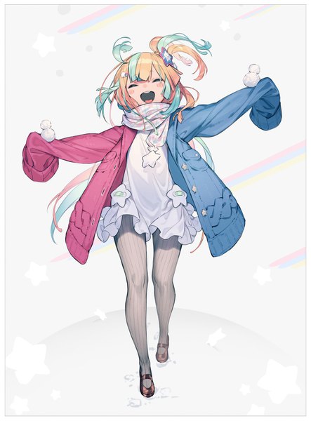 Anime picture 1158x1569 with virtual youtuber re:act amakawa hano bukurote single long hair tall image blush open mouth blonde hair full body ahoge eyes closed multicolored hair aqua hair open jacket two-tone hair streaked hair one side up border