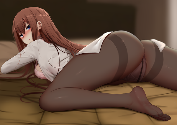 Anime picture 1680x1188 with steins;gate white fox makise kurisu ginhaha single long hair looking at viewer blush fringe breasts open mouth blue eyes light erotic hair between eyes brown hair large breasts bent knee (knees) ass indoors lying