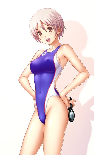 Anime picture 1060x1743 with original kuri (kurigohan) single tall image short hair open mouth light erotic simple background white background yellow eyes white hair shadow covered navel covered nipples hands on hips girl swimsuit one-piece swimsuit competition swimsuit