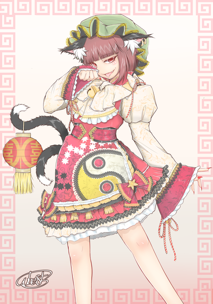 Anime picture 1200x1711 with touhou chen cube85 single tall image looking at viewer fringe short hair open mouth smile red eyes brown hair standing signed animal ears tail blunt bangs long sleeves nail polish animal tail