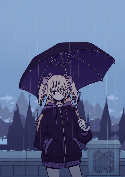 Anime picture 2480x3508 with genshin impact fischl (genshin impact) greedydeviant single long hair tall image fringe highres blonde hair smile standing holding looking away sky black eyes hair over one eye two side up alternate costume rain hand in pocket