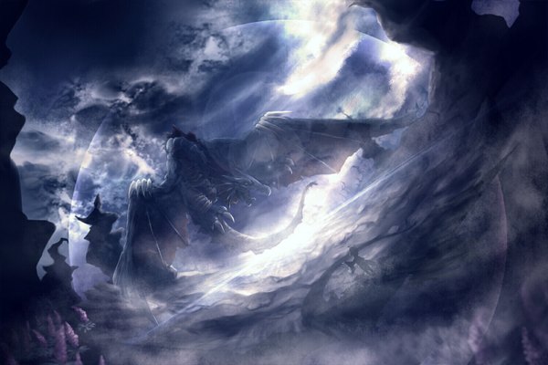 Anime picture 1500x1000 with seiken densetsu yatsude sky cloud (clouds) mountain moon dragon