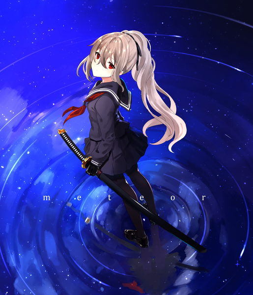 Anime-Bild 1077x1255 mit original chamnaitu single long hair tall image looking at viewer fringe hair between eyes red eyes brown hair standing holding full body ponytail from above grey hair reflection gradient hair ripples girl