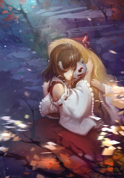 Anime picture 800x1146 with touhou hakurei reimu rumia rained (artist) long hair tall image blonde hair brown hair bare shoulders multiple girls eyes closed traditional clothes hug miko girl skirt 2 girls plant (plants) detached sleeves tree (trees)