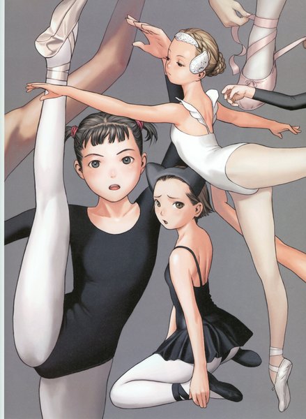 Anime picture 5092x6966 with futurelog (artbook) range murata tall image highres short hair open mouth black hair multiple girls brown eyes animal ears absurdres long sleeves grey background grey eyes hair bun (hair buns) sleeveless fake animal ears flat chest ballerina gymnastics