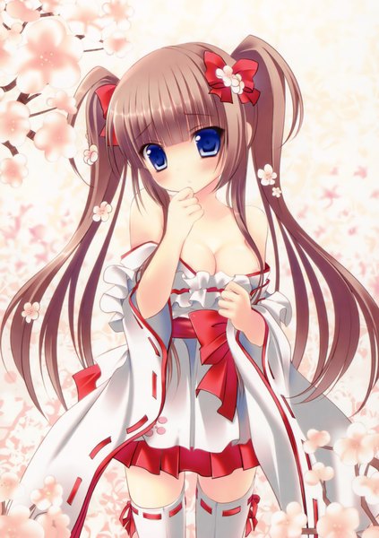 Anime picture 3000x4250 with deliverer! (game) kujou aya kino (artist) single long hair tall image looking at viewer highres blue eyes light erotic brown hair twintails bare shoulders absurdres cherry blossoms girl thighhighs flower (flowers) bow white thighhighs