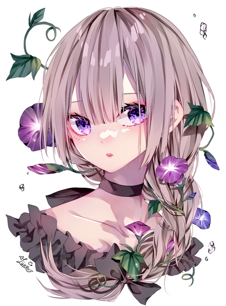 Anime picture 1700x2300 with original luna s210 single long hair tall image looking at viewer blush fringe simple background hair between eyes white background purple eyes signed payot upper body blunt bangs braid (braids) parted lips hair flower grey hair
