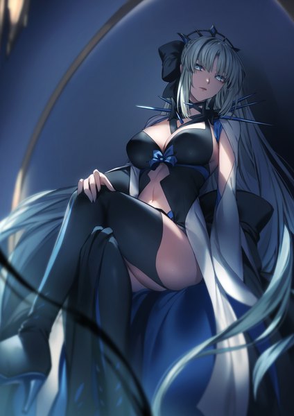 Anime picture 1400x1980 with fate (series) fate/grand order morgan le fay (fate) kyouya (mukuro238) single long hair tall image looking at viewer fringe breasts open mouth blue eyes light erotic large breasts sitting payot cleavage ponytail blunt bangs braid (braids)