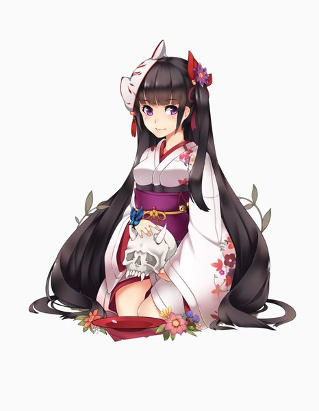 Anime picture 2800x3600 with original chenang11 single long hair tall image looking at viewer blush fringe highres breasts black hair simple background smile white background holding looking away full body traditional clothes japanese clothes hair flower