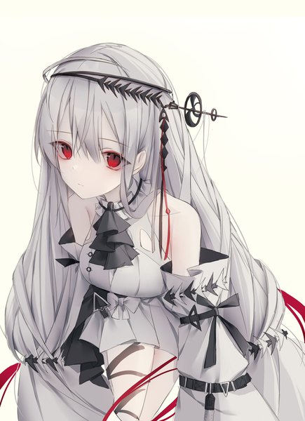 Anime picture 1486x2048 with arknights skadi (arknights) skadi the corrupting heart (arknights) 0 (znanimo) single long hair tall image looking at viewer blush fringe simple background hair between eyes red eyes standing white background bare shoulders silver hair wide sleeves leaning leaning forward