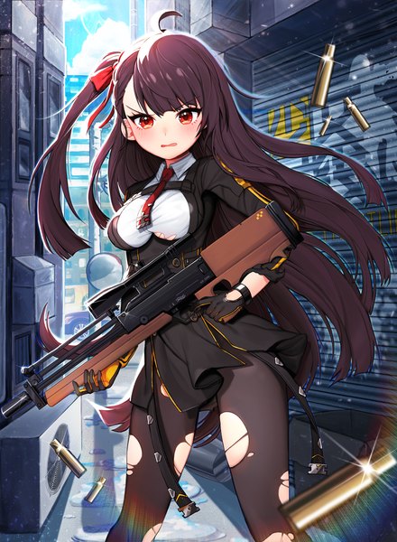 Anime picture 1200x1636 with girls frontline wa2000 (girls frontline) kuang (kzhw7588) single long hair tall image looking at viewer blush fringe breasts open mouth black hair red eyes large breasts standing holding sky cloud (clouds) ahoge outdoors