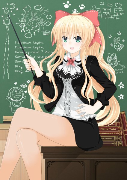 Anime picture 752x1063 with original tsukaze single long hair tall image blue eyes blonde hair sitting crossed legs teacher girl dress skirt bow hair bow book (books)