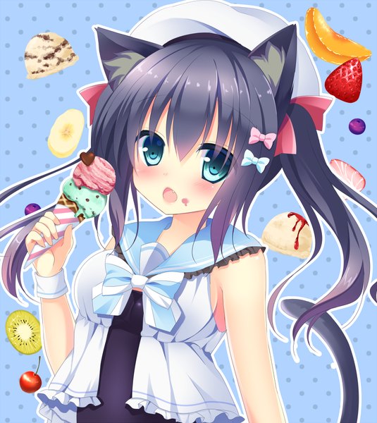 Anime picture 800x897 with original shibainu niki long hair tall image looking at viewer blush open mouth blue eyes black hair twintails animal ears tail animal tail cat ears cat girl cat tail girl dress bow hair bow