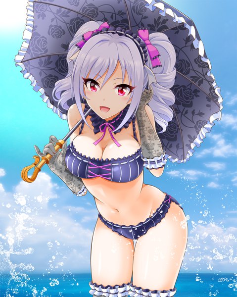 Anime picture 1415x1772 with idolmaster idolmaster cinderella girls kanzaki ranko eva 16-gouki single long hair tall image looking at viewer blush fringe breasts open mouth light erotic smile hair between eyes red eyes large breasts standing twintails holding