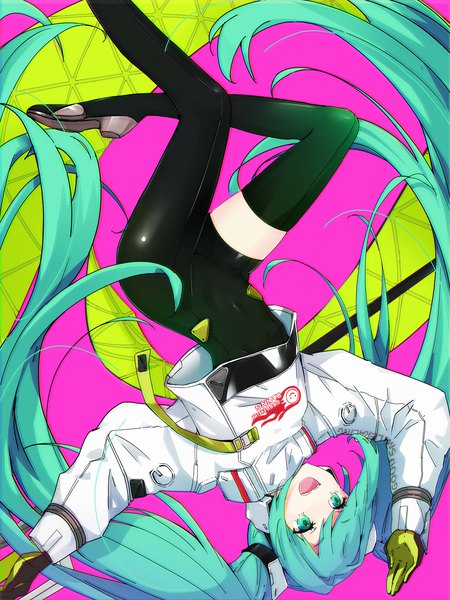 Anime picture 1500x2000 with vocaloid goodsmile racing hatsune miku racing miku amagasa nadame single tall image open mouth simple background twintails looking away very long hair :d aqua eyes aqua hair zettai ryouiki pink background upside down girl bodysuit