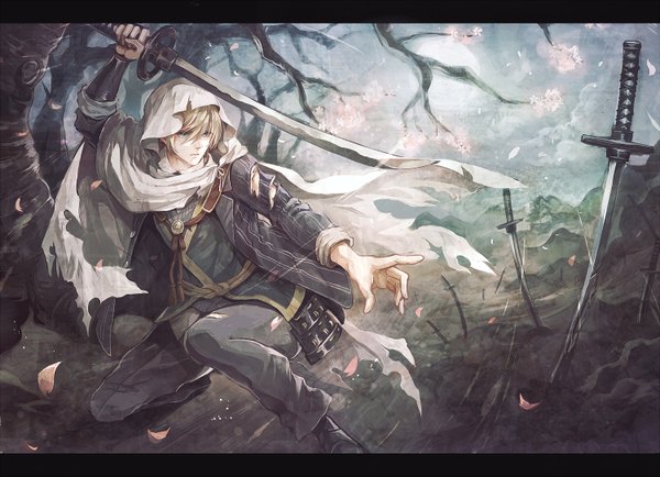 Anime picture 1500x1085 with touken ranbu nitroplus yamanbagiri kunihiro senano-yu single short hair blue eyes blonde hair holding full body arms up torn clothes cherry blossoms outstretched arm squat twisty sleeves boy weapon plant (plants) sword