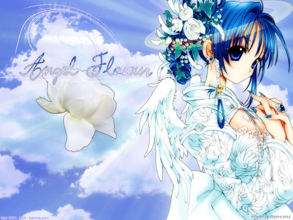 Anime picture 1280x960 with original nanase aoi single looking at viewer fringe blue eyes blue hair cleavage cloud (clouds) upper body nail polish hair flower wide sleeves wallpaper angel wings white wings angel girl hair ornament flower (flowers)