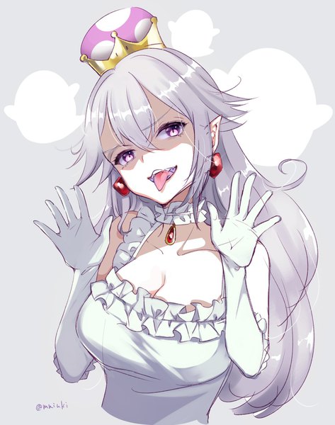 Anime picture 1396x1772 with super mario bros. new super mario bros. u deluxe princess king boo matsuzaki miyuki single long hair tall image purple eyes signed cleavage silver hair upper body pointy ears grey background twitter username shaded face girl gloves earrings elbow gloves