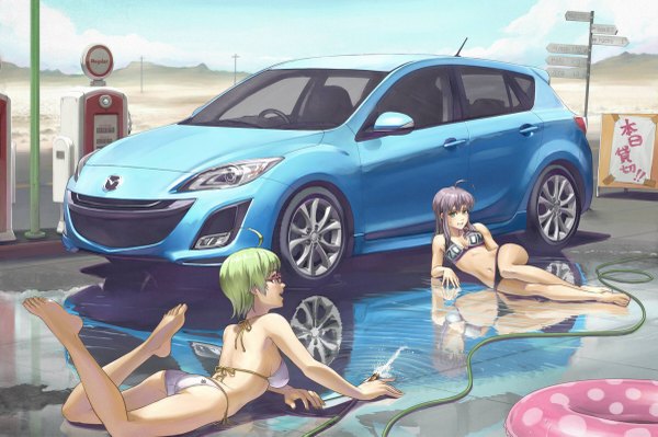 Anime picture 1200x799 with original mazda tantaka long hair short hair breasts open mouth light erotic black hair blonde hair smile large breasts multiple girls green eyes ahoge lying barefoot green hair mountain on stomach