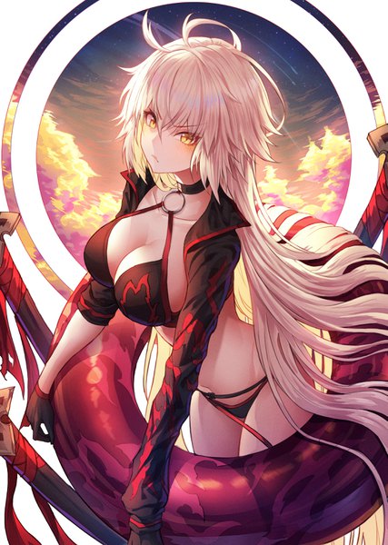 Anime picture 2329x3276 with fate (series) fate/grand order jeanne d'arc (fate) (all) jeanne d'arc alter (fate) jeanne d'arc alter (swimsuit berserker) (fate) okazu (eightstudio) single tall image looking at viewer blush fringe highres breasts light erotic hair between eyes standing holding yellow eyes cleavage silver hair