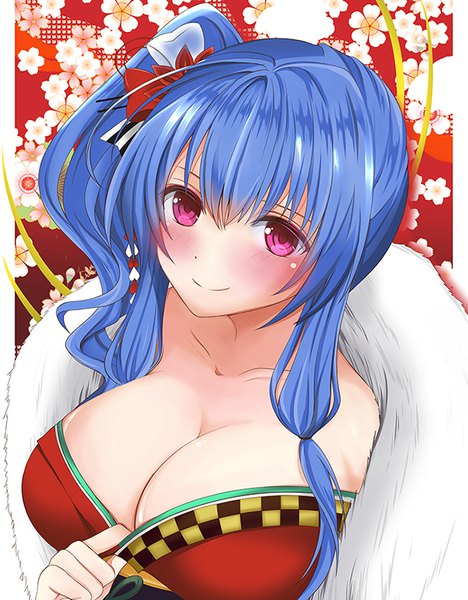 Anime picture 650x833 with azur lane st. louis (azur lane) st. louis (tipsy snow) (azur lane) sakura (ichisakupink) single long hair tall image looking at viewer blush fringe breasts light erotic smile hair between eyes large breasts payot blue hair cleavage upper body traditional clothes