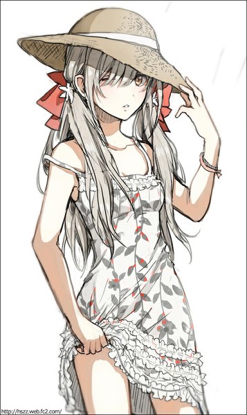 Anime picture 548x919 with original hishi single long hair tall image looking at viewer blush fringe breasts simple background white background twintails yellow eyes white hair one eye closed off shoulder low twintails girl dress hat