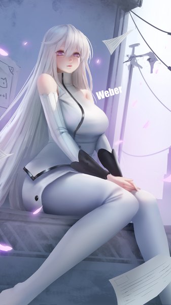 Anime picture 5464x9714 with original weber single long hair tall image looking at viewer blush fringe highres breasts hair between eyes large breasts sitting bare shoulders signed absurdres white hair pink eyes girl detached sleeves