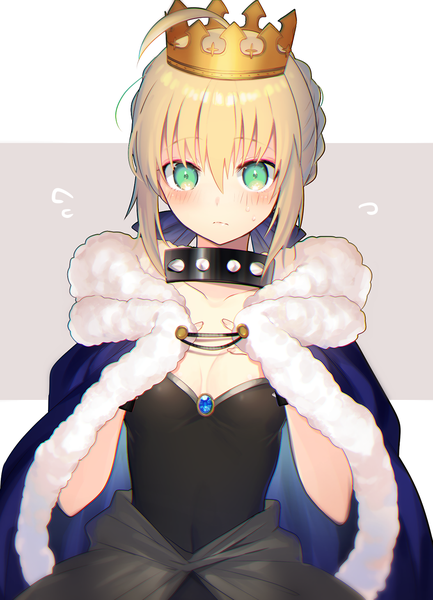 Anime picture 1055x1460 with fate (series) fate/grand order super mario bros. new super mario bros. u deluxe artoria pendragon (all) saber bowsette kirie nozomi single tall image blush fringe short hair blonde hair hair between eyes green eyes cleavage upper body ahoge fur trim