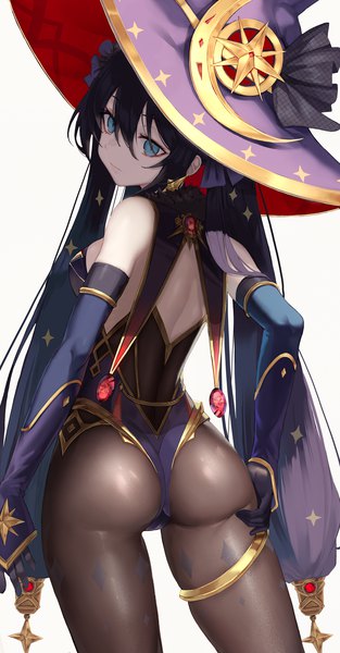 Anime picture 1834x3508 with genshin impact mona megistus huskk single long hair tall image looking at viewer fringe highres breasts blue eyes light erotic black hair simple background hair between eyes standing white background twintails payot ass