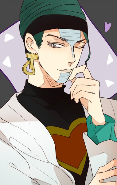 Anime picture 540x850 with jojo no kimyou na bouken terence trent d'arby shijima tohiro single long hair tall image looking at viewer upper body one eye closed green hair grey eyes hand to mouth face paint boy earrings heart hairband