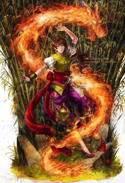 Anime picture 1063x1545 with original manusia-no-31 single long hair tall image brown hair green eyes signed traditional clothes magic girl plant (plants) earrings belt bell fire dragon wristlet stone (stones) bamboo